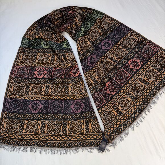 Frye Tribal Aztec Knit Fringe Scarf Shawl 70x23 Boho Geometric Southwestern - Picture 1 of 6